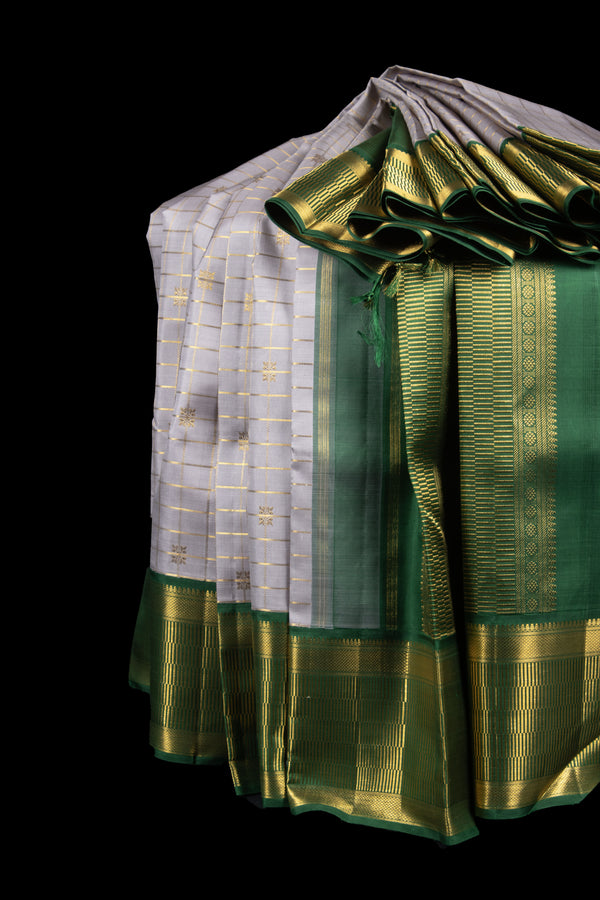 Elephant Grey and Green Kanjivaram Silk Saree