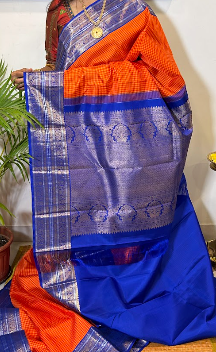 Orange Checks and Blue Kanjivaram Silk Saree – A Timeless Korvai Classic