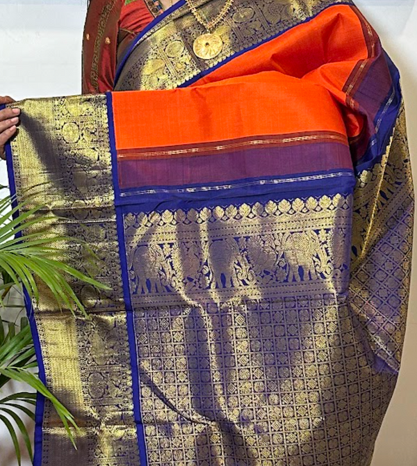 Orange and Blue  Kanjivaram Silk Saree