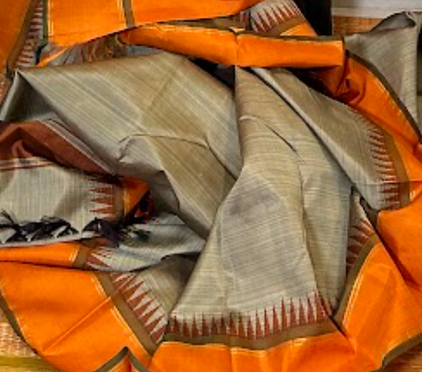 Grey and Orange Korvai Kanjivaram Silk Saree