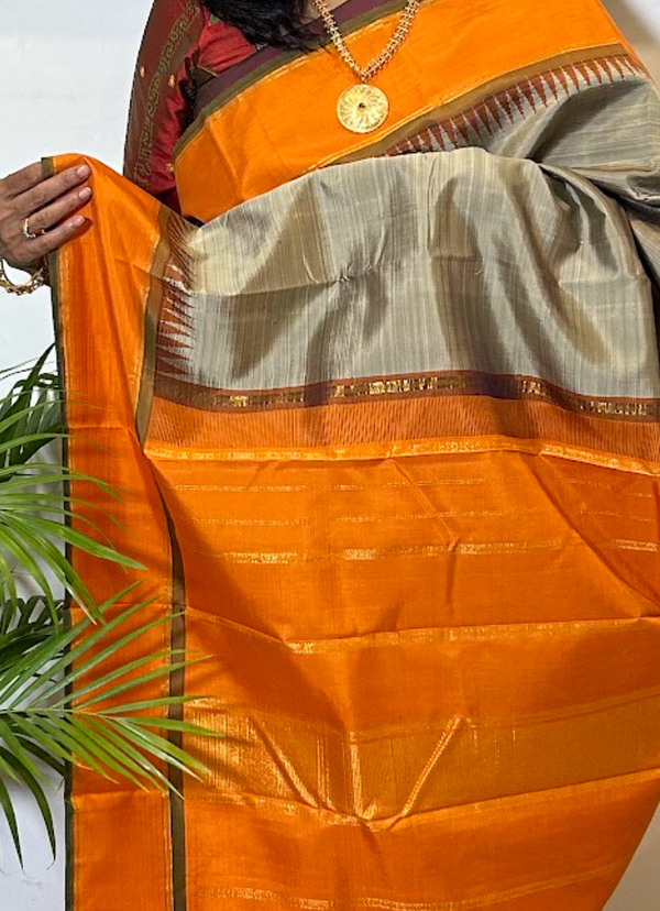 Grey and Orange Korvai Kanjivaram Silk Saree