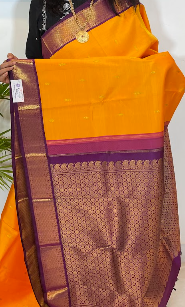 Mango Yellow and Purple Kanjivaram Silk Saree