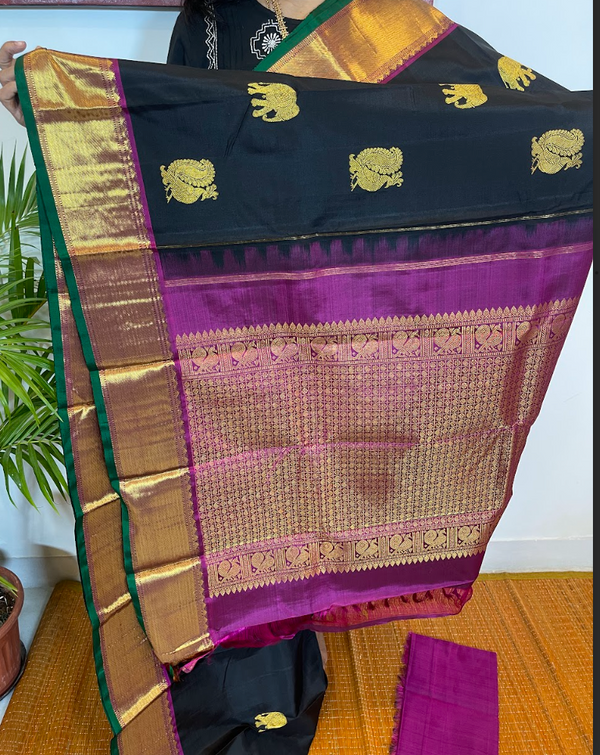 Black and Magenta Purple Kanjivaram Silk Saree