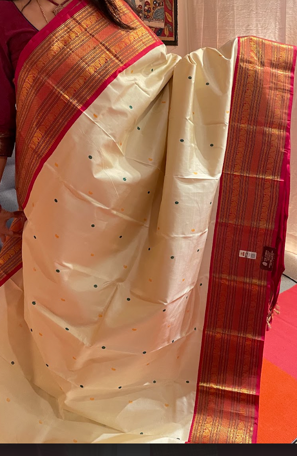 Cream and Red Kanjivaram Silk Saree