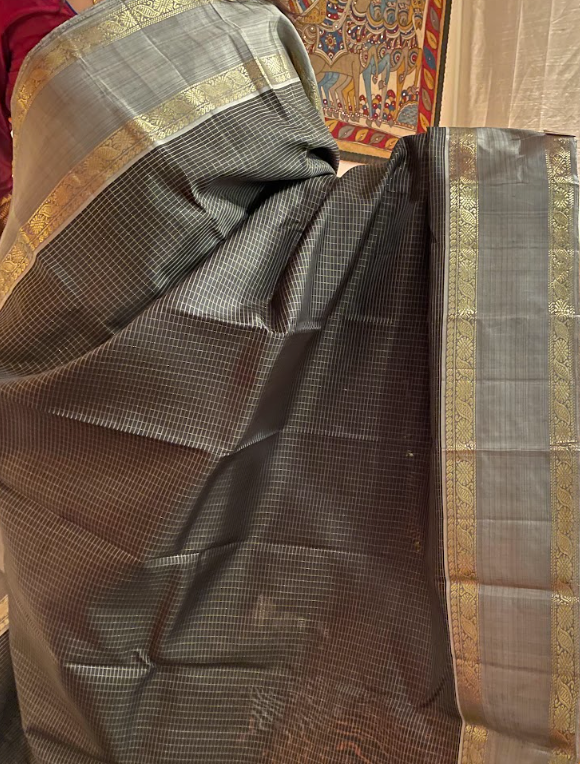 Grey and Black Kanjivaram Silk Saree