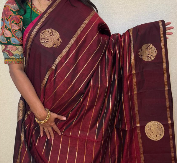 Maroon  Veldhari Silk Cotton Saree - Ganda Berunda and Yali Special