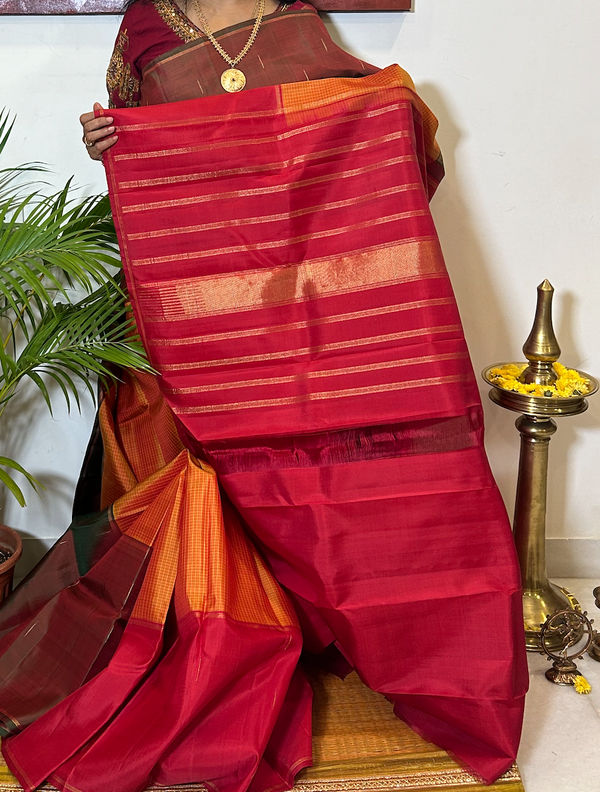 Green, Orange and Maroon Mubbagam Handcrafted Kanjivaram Silk Saree