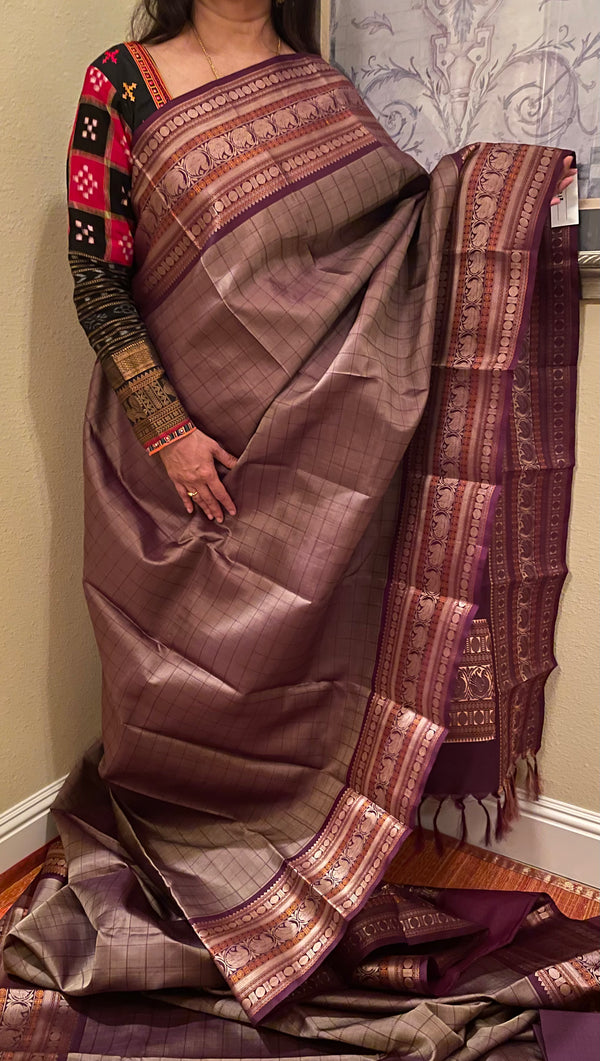 Eggplant Kanjivaram Silk Saree with Sorgavasal Pallu