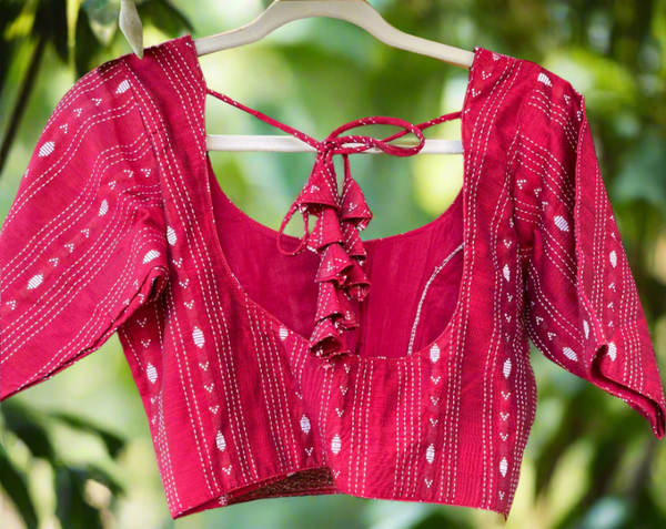 Red Cotton  Handcrafted Blouse with Off White Patterns - Size 38