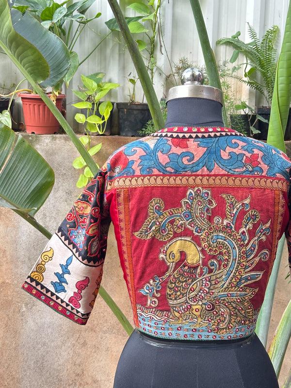 Red Kanjivaram Silk Blouse with a Divine Bird